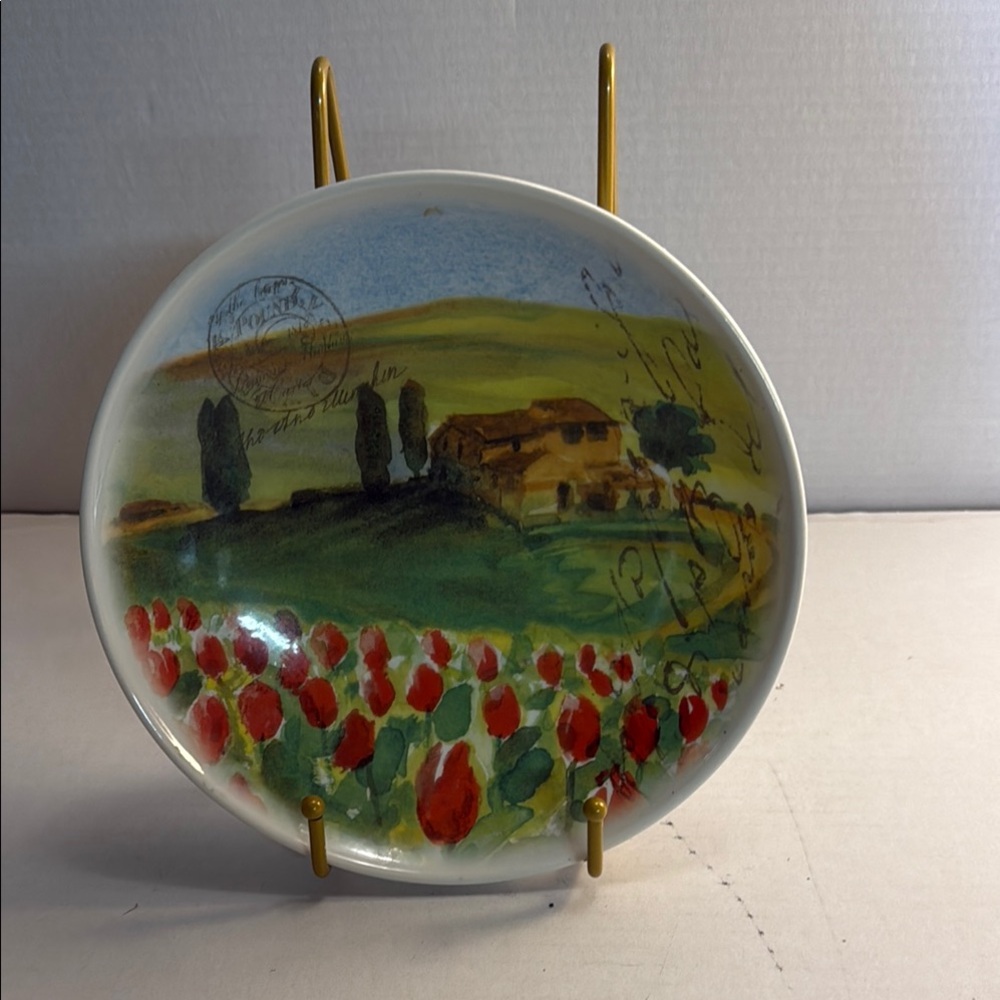 Scenic Landscape Decorative Plate with Red and Green Accents